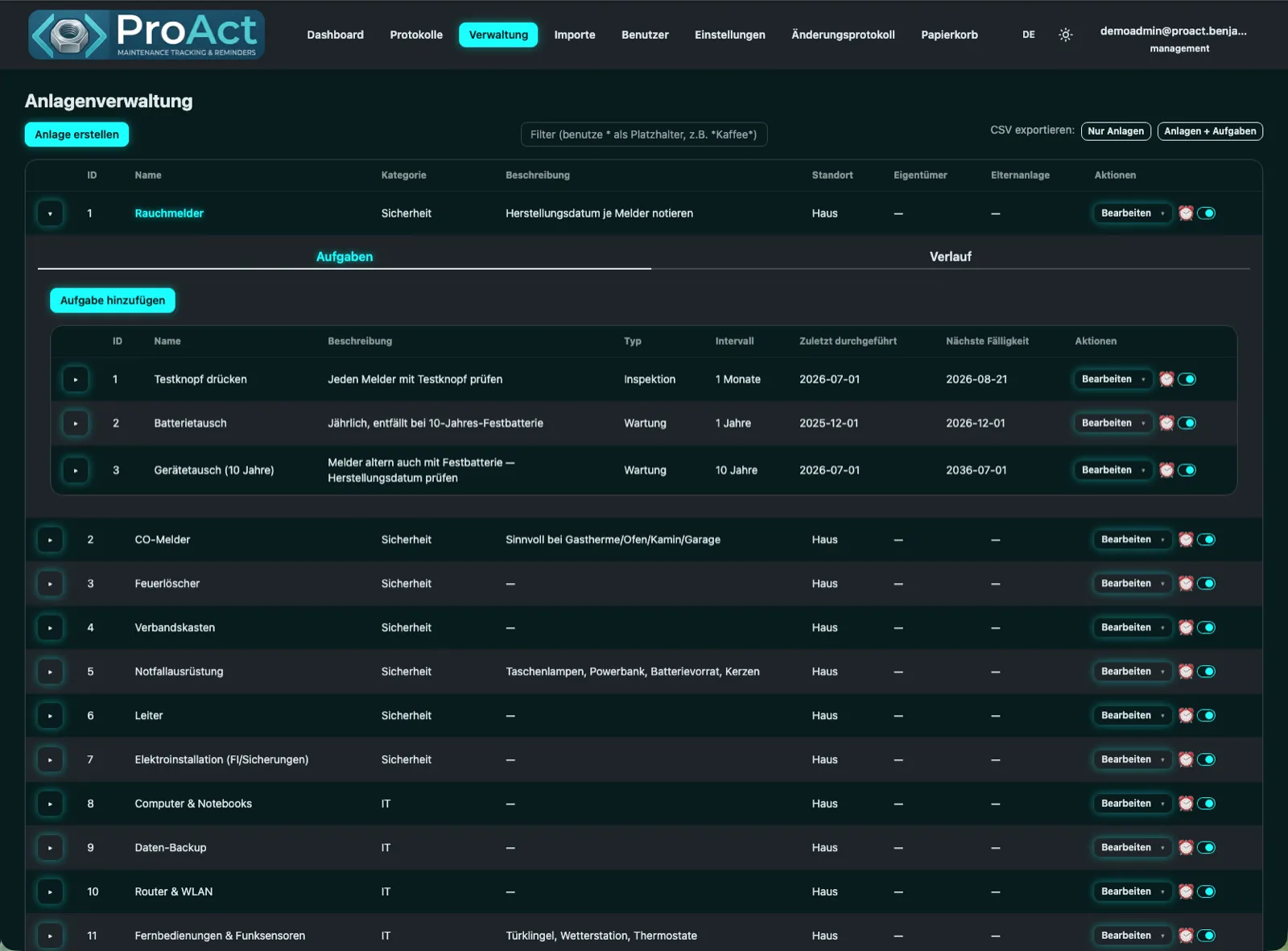 ProAct asset management page: a hierarchical asset register with an expanded asset showing its maintenance tasks — type, interval, last completion and next due date.