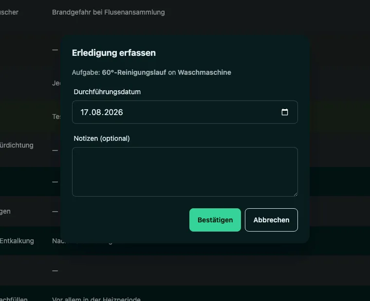 ProAct task-completion dialog over the dashboard: date-performed picker and an optional notes field, confirmed with a single click.